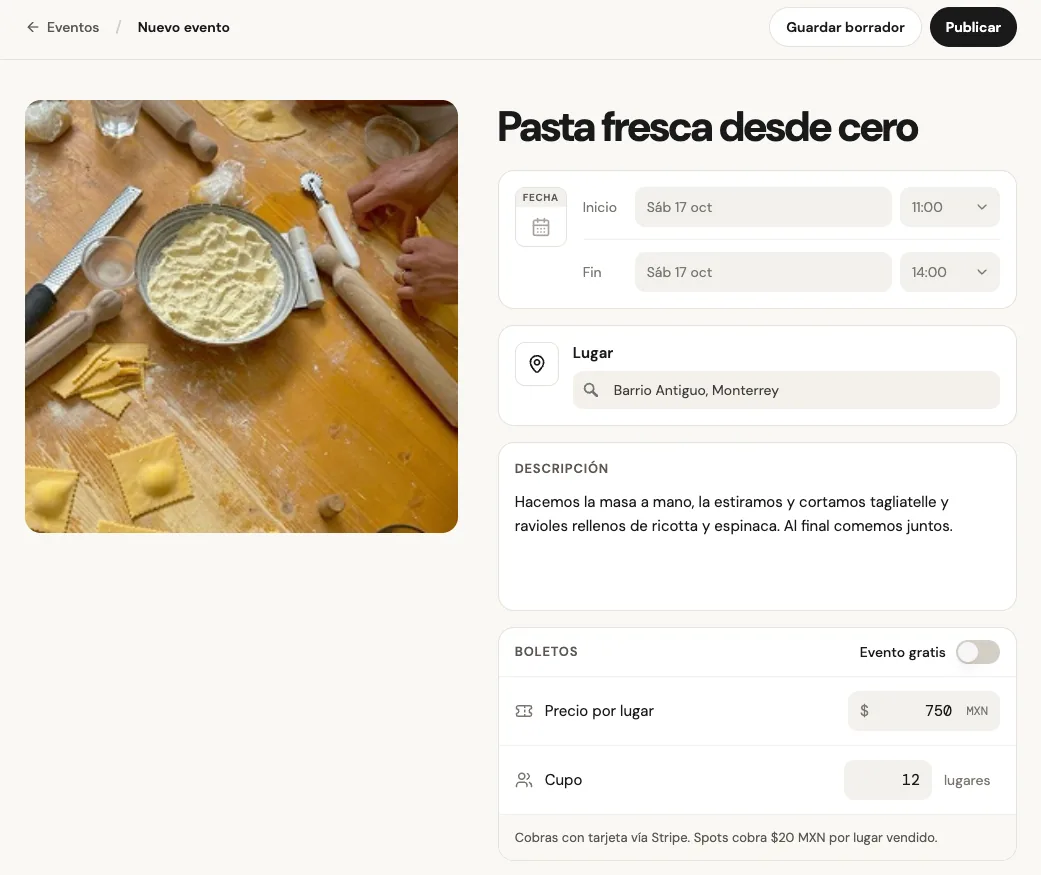 Formulario para crear un evento en Spots: Pasta fresca desde cero, sábado 17 de octubre, $750 por lugar y cupo de 12